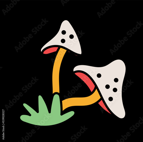 Psychedelic retro sticker. Hallucinogenic grove poster with green grass and poisonous mushrooms. Design element for social networks. Cartoon flat vector illustration isolated on black background