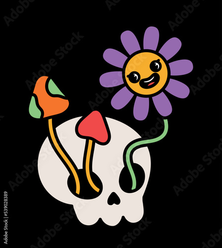 Psychedelic retro sticker. Hallucinogenic acid poster with white skull  flower and mushrooms. Design element for posters and covers. Cartoon flat vector illustration isolated on black background