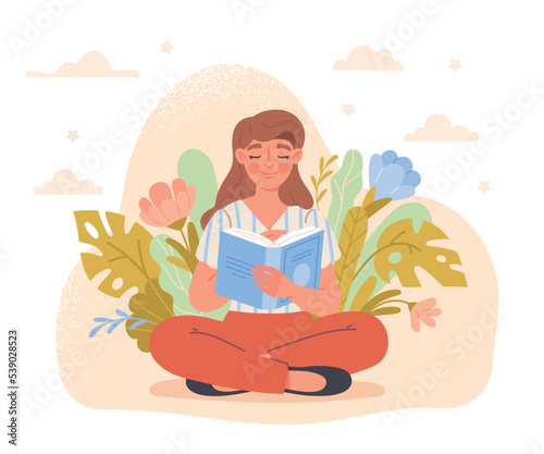 Woman reading with flowers. Selfdevelopment, education and training. Young girl sits with book in hands in lotus position. Sticker for social media and messengers. Cartoon flat vector illustration