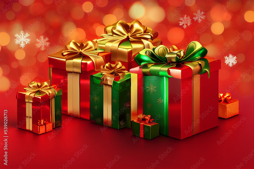 Christmas card Gift boxes red green golden ribbon bow Christmas card Gift boxes red green golden ribbon bow