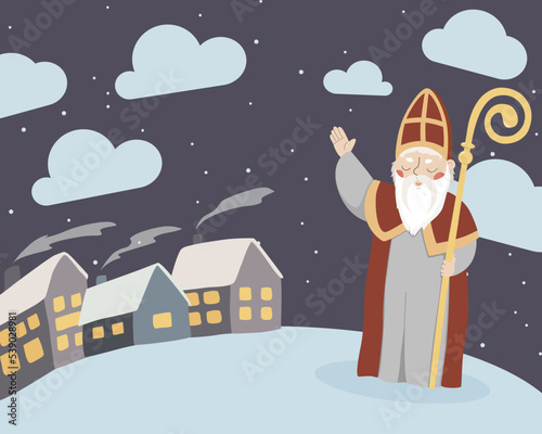 Cute Saint Nicholas or Sinterklaas. Happy Saint Nicholas Day. the saint raised one hand up where the text can be placed. Translation from German: Brought by Nicholas. Cute cartoon character in vector