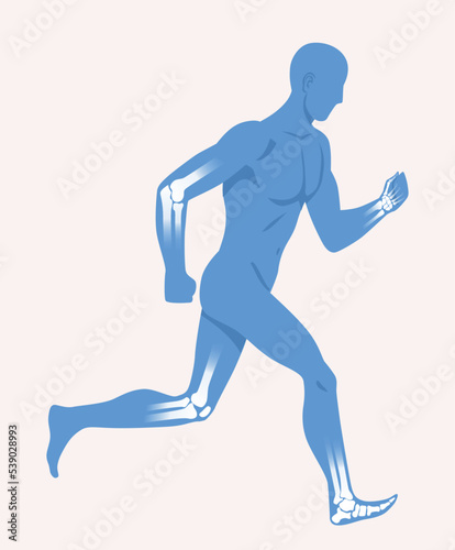 Running man silhouette. Human body with moving joints. New medical technologies. Xray and diagnostics. Design element for social networks. Cartoon flat vector illustration isolated on white background