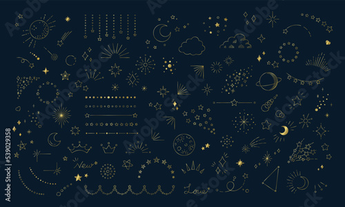 星のイラスト素材セット, 宇宙をテーマにしたデザイン用の装飾, ネイビーの背景に金色の線画.