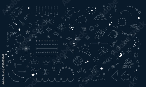 星のイラスト素材セット, 宇宙をテーマにしたデザイン用の装飾, ネイビーの背景に白色の線画.