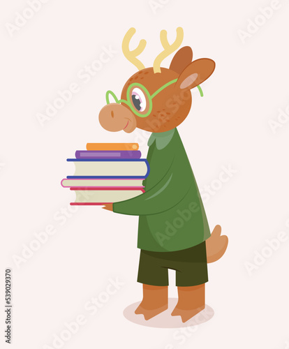 School elk icon. Horned animal in glasses with stack of books. Education and training. Graphic element for website  poster or banner. Wildlife and forest dweller. Cartoon flat vector illustration
