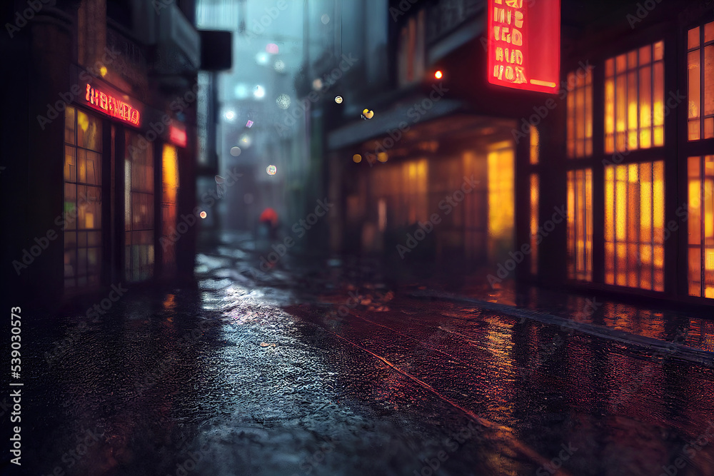 rainy city at night, empty street, streetlights