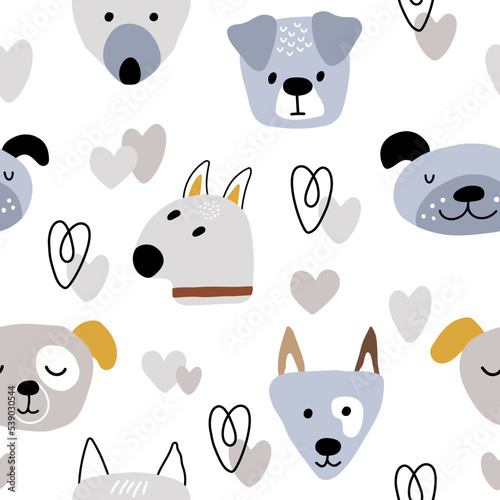 Faces of dogs on a white background between hearts. Seamless vector pattern with domestic pets. Kids print for wallpaper or nursery with animals
