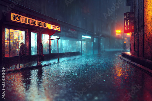 rainy city at night, empty street, streetlights © Gbor