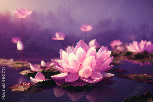 beautiful pink water lilies flowers in water  blossoming sakura trees  nature background wallpaper