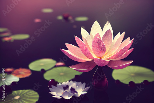 beautiful pink water lilies flowers in water, blossoming sakura trees, nature background wallpaper