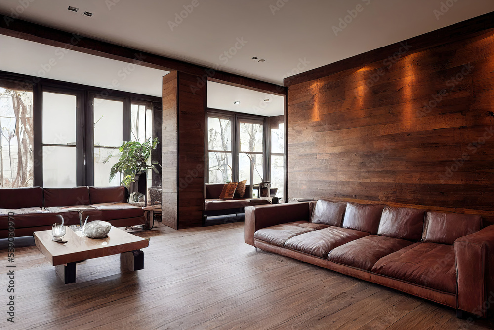 Fototapeta premium living room interior with leather sofa brown wood plank wall 