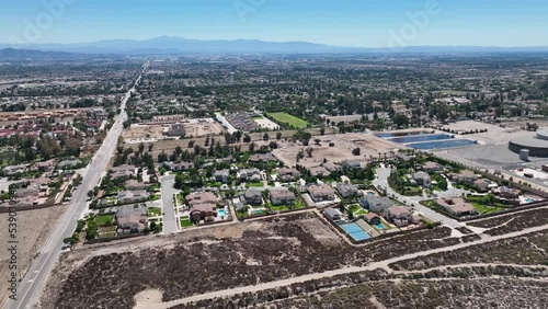 Aerial view of Rancho Cucamonga, located south of the foothills of the San Gabriel Mountains and Angeles National Forest in San Bernardino County, California, United States. photo