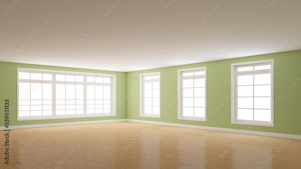 Empty Corner of the Green Interior whith Four Windows, Light Glossy Parquet Floor and a White Plinth. Room with Perspective View. 3D rendering with a Work Path on the Windows. 8K Ultra HD, 7680x4320 Empty Corner of the Green Interior whith Four Windows, Light Glossy Parquet Floor and a White Plinth. Room with Perspective View. 3D rendering with a Work Path on the Windows. 8K Ultra HD, 7680x4320