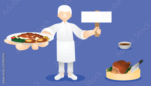 Vector illustration of a chef holding delicious meal and a sign with copyspace