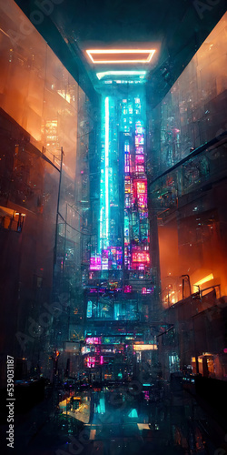 Concept art illustration of apartment living room interior in cyberpunk style. AI created a digital art illustration