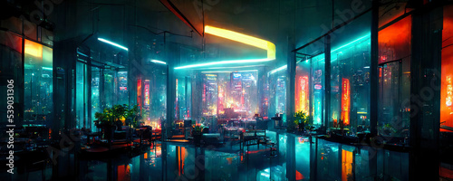 Concept art illustration of apartment living room interior in cyberpunk style. AI created a digital art illustration © Tamara