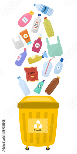 Plastic garbage and a yellow trash can with bottles and packages. Separating and recycling concept print. Vector illustration