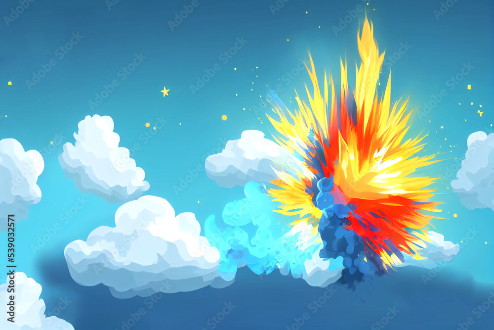 Magical explosion in the sky on blue background, shooting down a flying target.