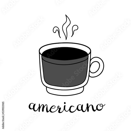 Hand drawn americano coffee cup with lettering. Vector doodle illustration isolated on white. Perfect for menu designs for cafes, restaurants, coffeehouses and coffee shops.