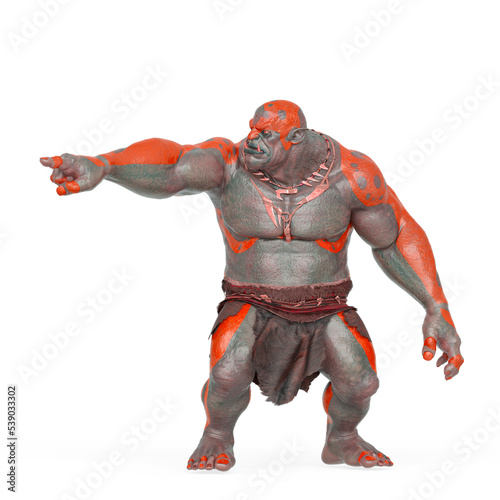 ogre beasty is pointing and showing the way to war in white background