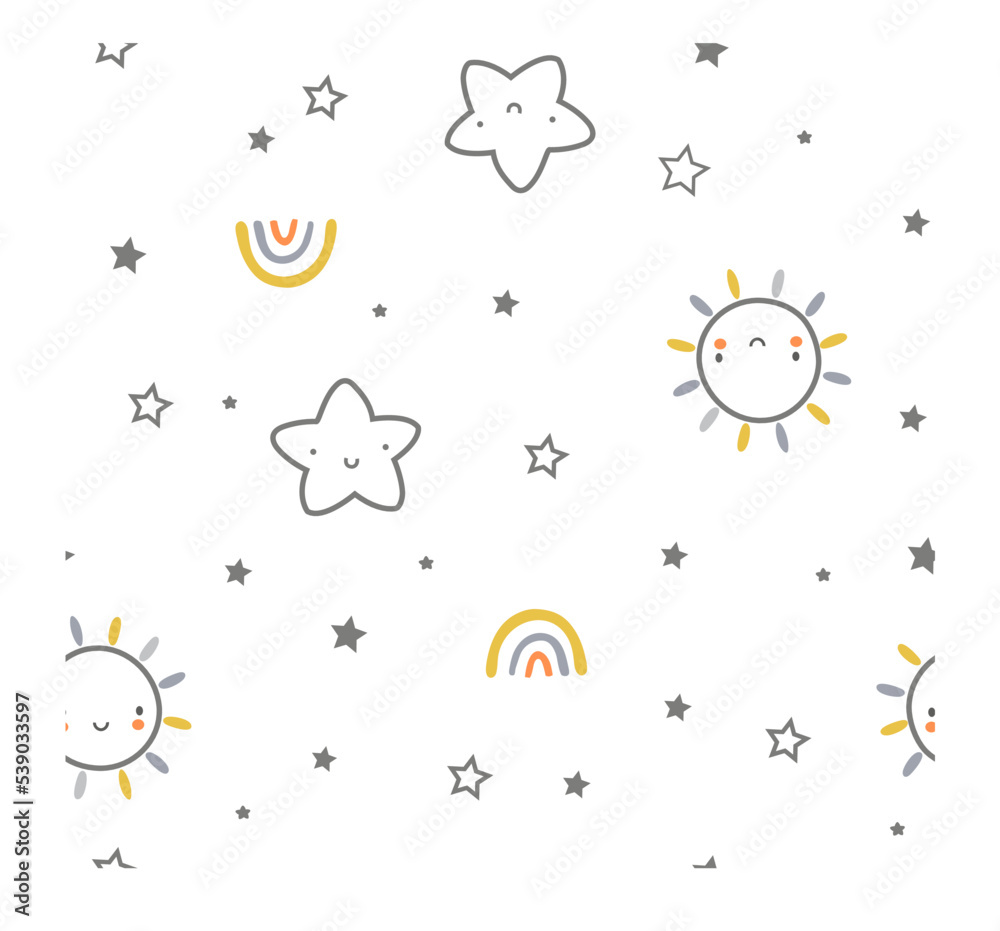 Cute Star, sun and rainbow Sun with rainbow vector happy vibe print Cute Star, sun and rainbow Sun with rainbow vector happy vibe print