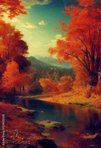 Sunset over the autumn forest lake, spectacular autumn landscape scene