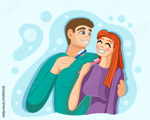 Happy couple brushing teeth on light background