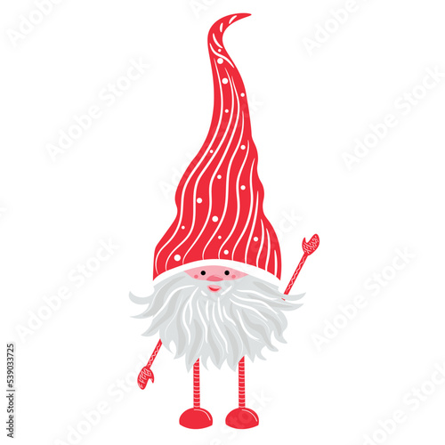 Cute New Year gnome waving hand on white background