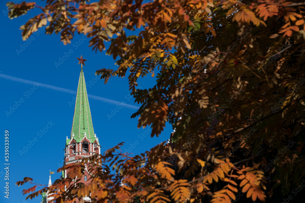 Troitskaya Tower of Moscow Kremlin in autumn sunny day. Blurred orange rowan tree leaves in the foreground. Copy space for your text. Selective focus. Travel in Russia theme.