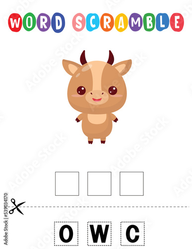 Cow Word scramble . Educational game for kids. English language spelling worksheet for preschool children