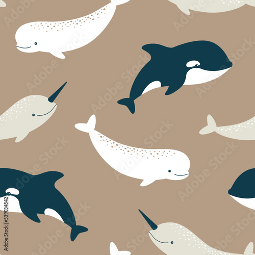 Vector seamless pattern with cute killer whale, beluga and narwhal