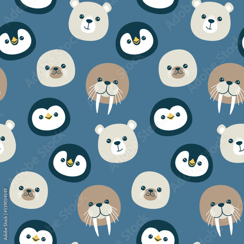 Vector seamless pattern with cute muzzles of penguin, polar white bear, walrus and fur seal