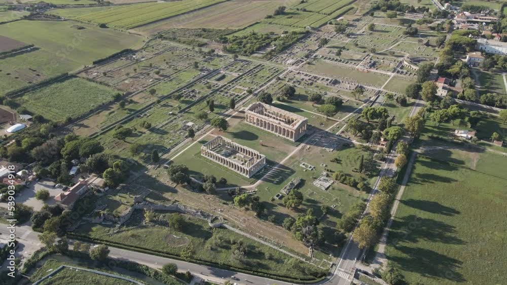 Aerial view of Temple of Hera and Poseidon, an ancient ruined temple and amphitheater in Paestum, Salerno, Campania, Italy.