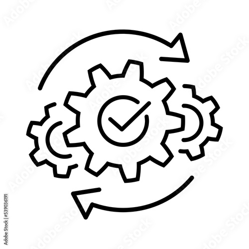 Successful operations or project icon. Gears with check mark and arrows thin line symbol in black. Effective integration sign on white. Simple startup icon. Vector illustration for graphic design, Web