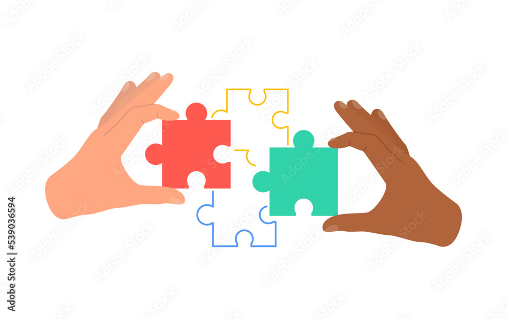 Human hands connecting puzzle pieces together. Business team finding solution and solving problem with jigsaw. Vector illustration isolated on white background.