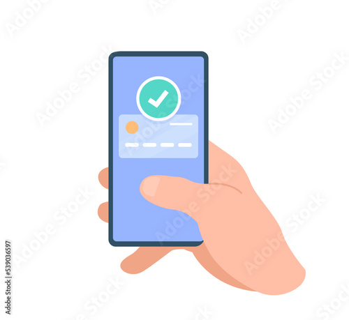 Mobile banking app and payment by credit card. Human hand holding smartphone isolated on white backgroun.