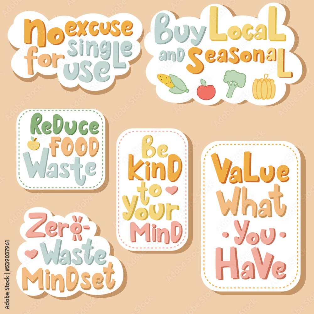 Set of phrases about mindfulness, zero-waste, local food.