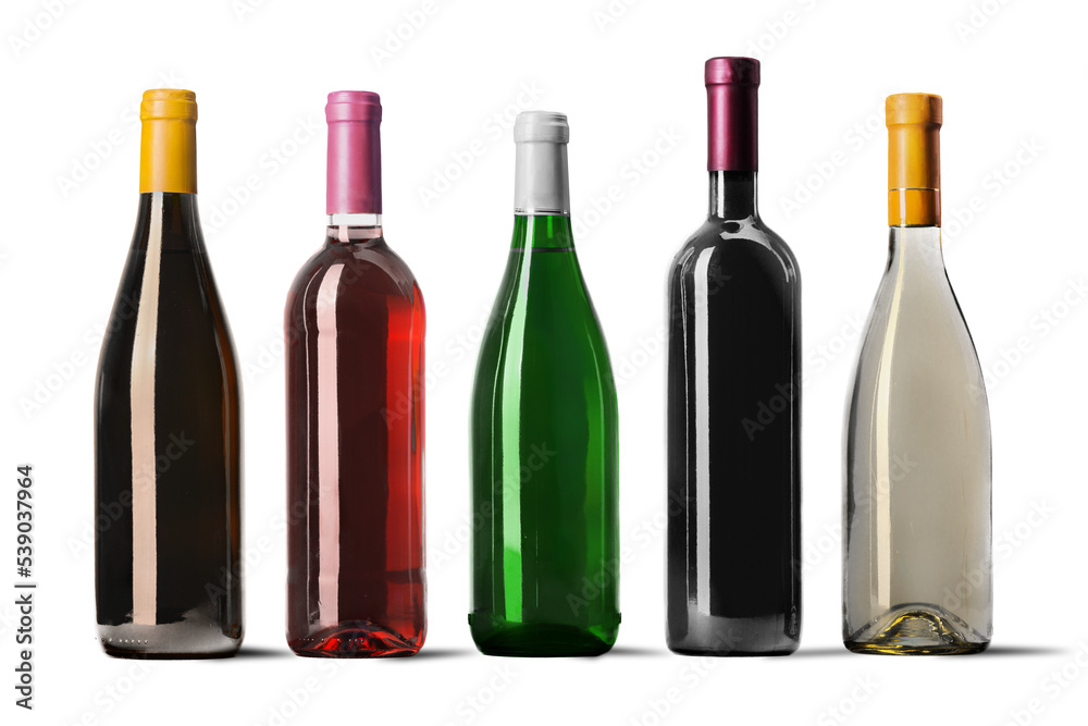 Wine bottles in row isolated on white background