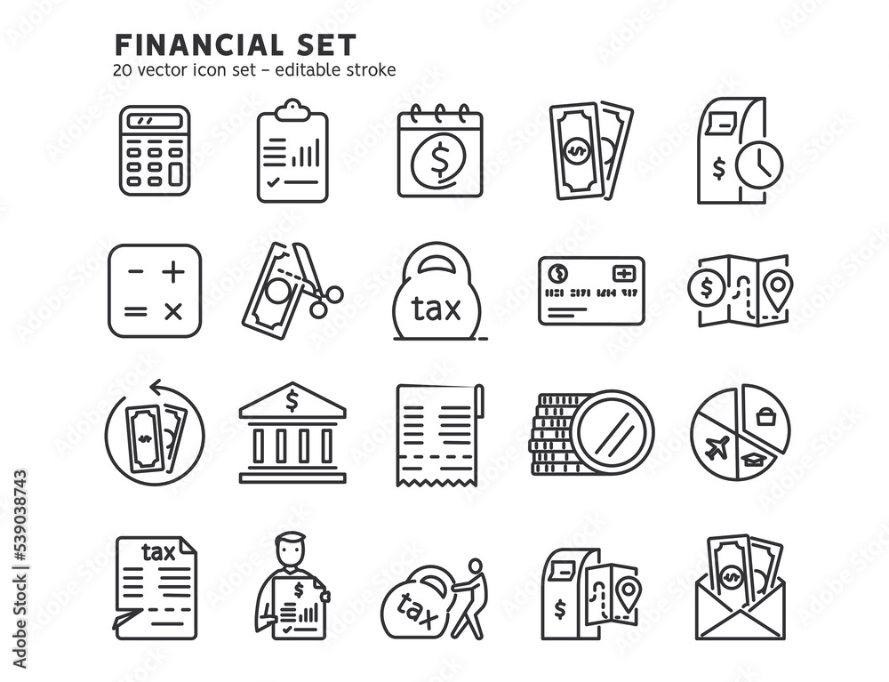 Line icon set for tax payment, tax return, salary payment, personal and family budget, finance control. People study the financial report, audit and accounting. Flat outline icon. Editable stroke