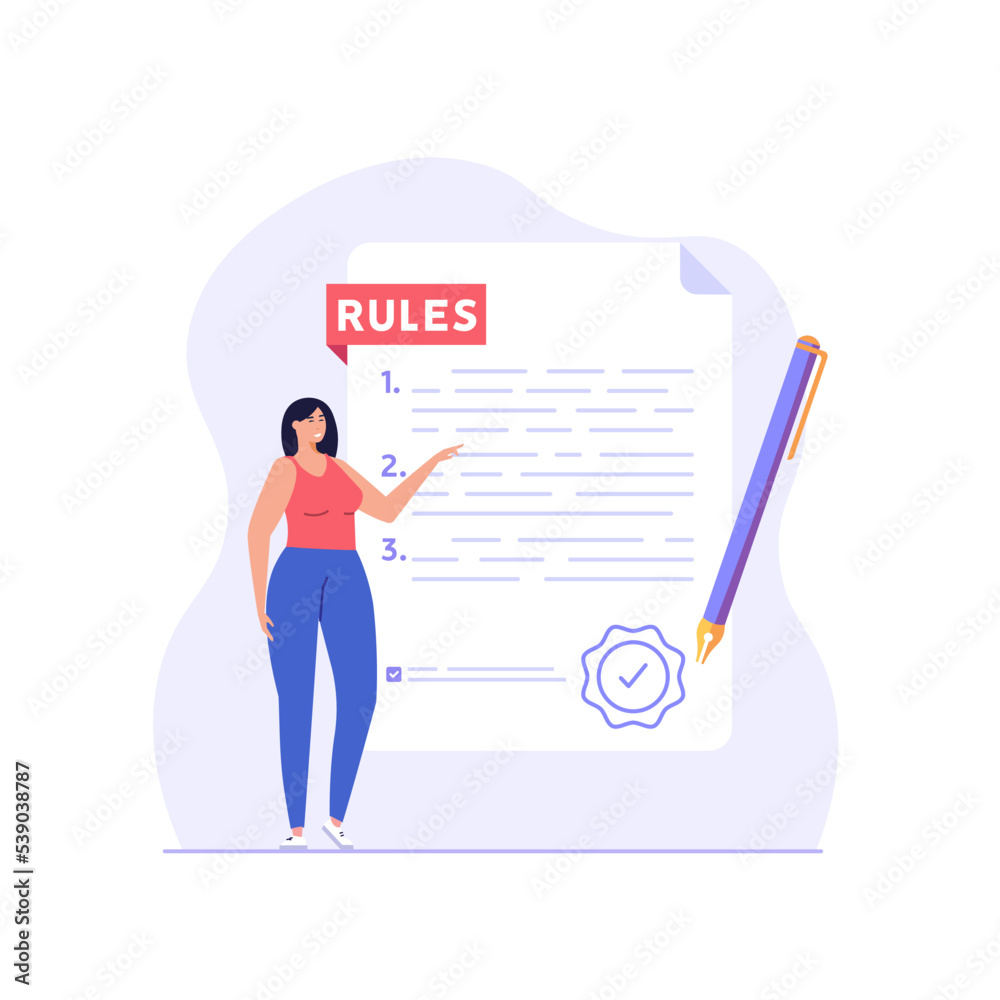 Concept of rules and regulations, company policy, corporate law and business ethics. Business woman demonstrating checklist of rules and regulation standards. Vector illustration in flat design