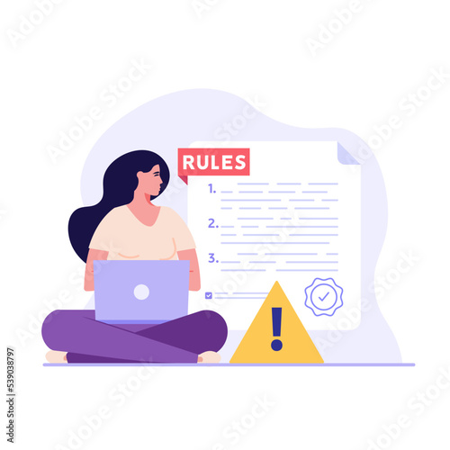 Concept of rules and regulations, company policy, corporate law and business ethics. Business woman demonstrating checklist of rules and regulation standards. Vector illustration in flat design