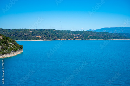 Panoramic view of St. Croix lake in Verdon near Bauduen village, Provence, France