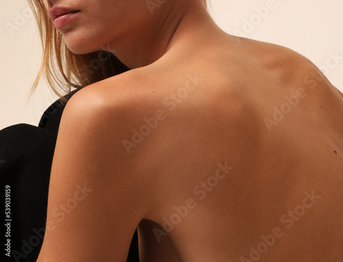 Take care of your own body. Woman back body part. Horizontal mock-up.