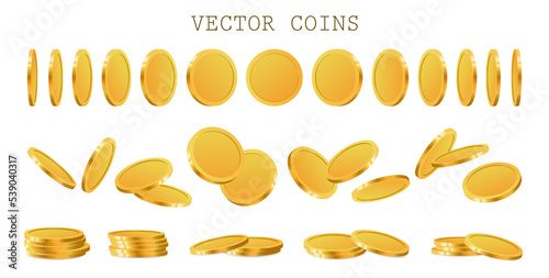 Realistic 3D golden coins in different positions - perspective, isometric, frontal, rotating. Golden money set. 3D realistic coins for animation. Stack, at different angles, flying cash money. Vector