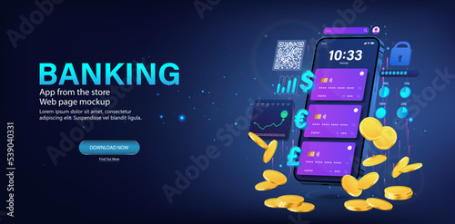 Online banking with Multicurrency card. 3D smartphone with with many multi-currency credit or debit cards. Online baking, wallet, shopping by smartphone - e-payment. Payment technology banking service