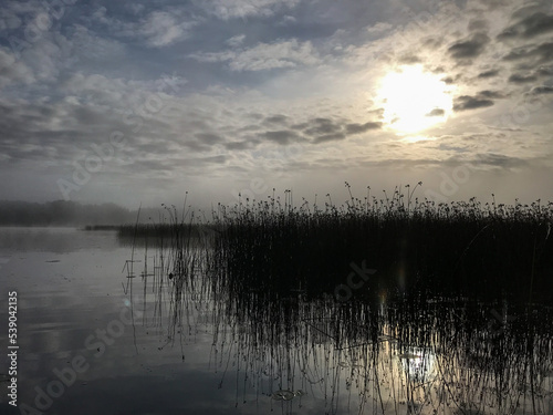 View of the sun through the clouds on the lake with reeds. Tourism, travel and vacation concept.