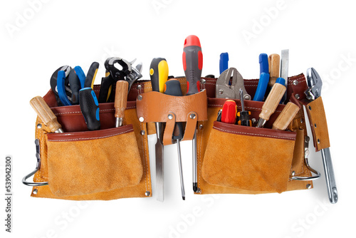 Tool belt with tools isolated on white background photo