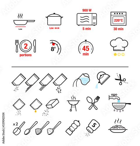Cooking and preparation instructions. Set of sign for detailed guideline. Vector elements on a white background. Ready for your design.	