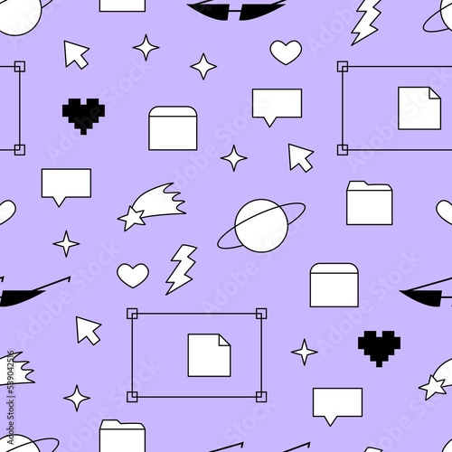 Seamless pattern with old computer elements, stars, bubble, folder icons, saturn planet, sunglasses, pixel heart and computer arrow symbol. Vector background in retrowave, y2k, 90s, 00s concept.