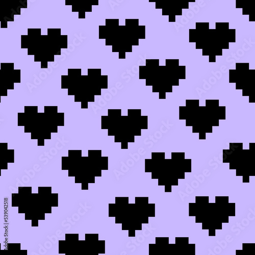 Seamless pattern with black pixel hearts. Vector background in retrowave, y2k, 90s, 00s concept.